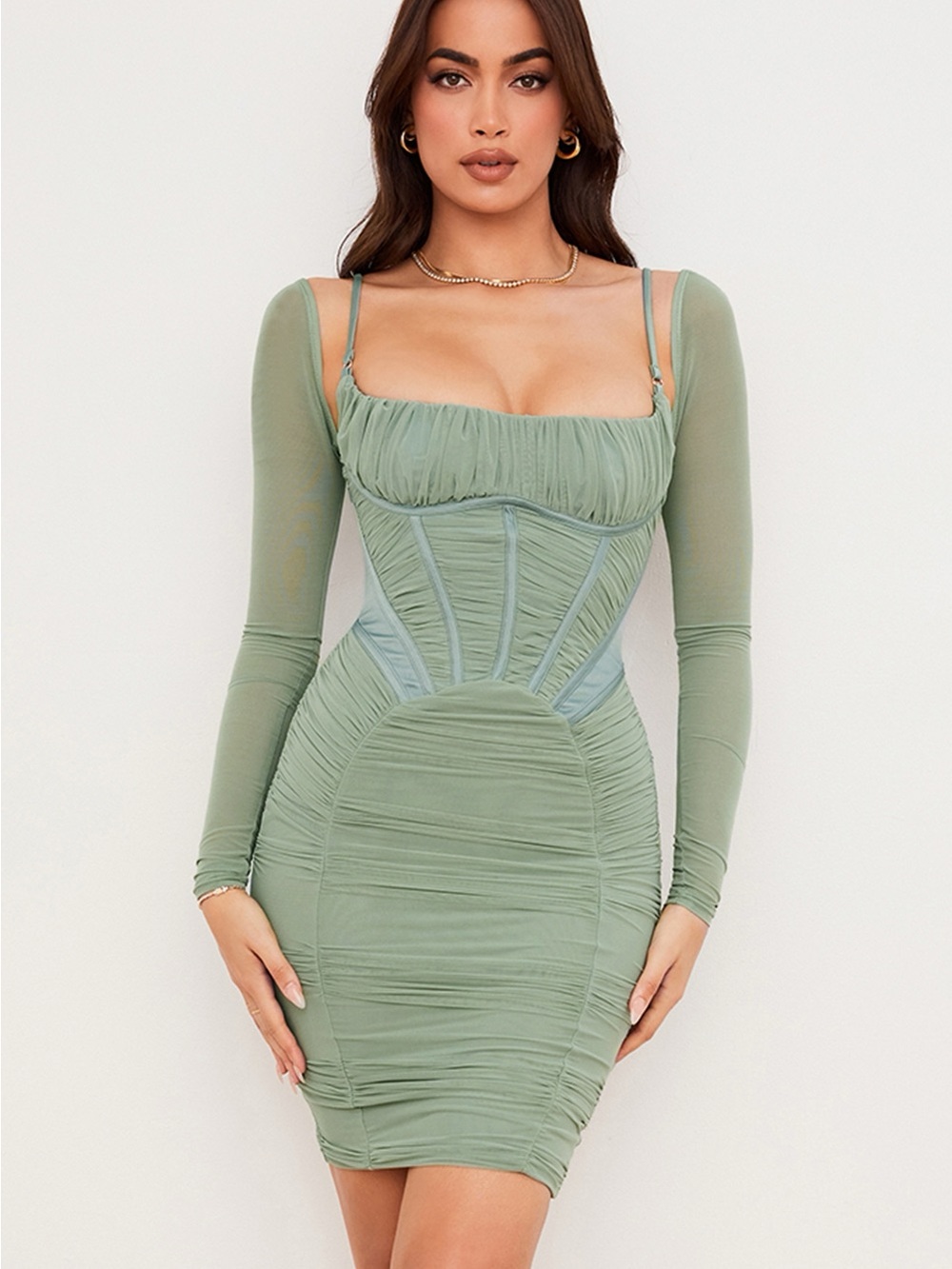 House of CB Sage Ruched Mesh Corset Bodycon Dress